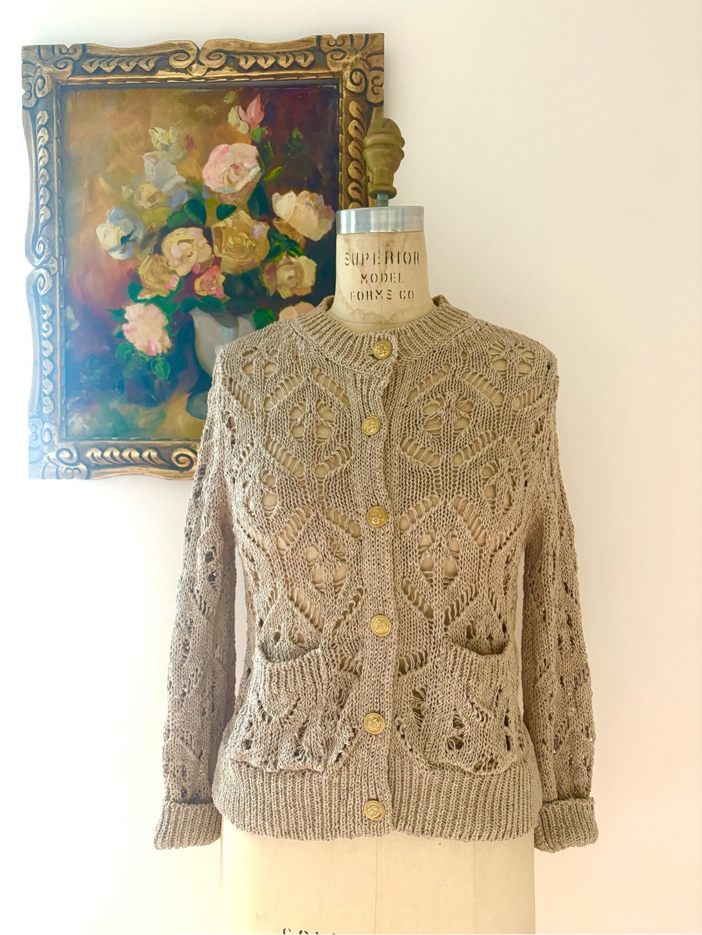 Beige Open-Knit Pointelle Button Cardigan Sweater